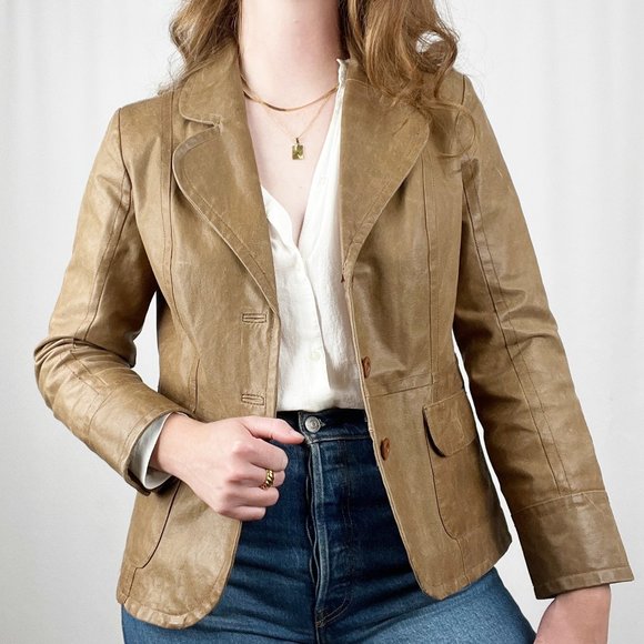 Stunning Vintage Parisian Oversized Leather Camel Tan Blazer Jacket Coat Preppy - Picture 1 of 9